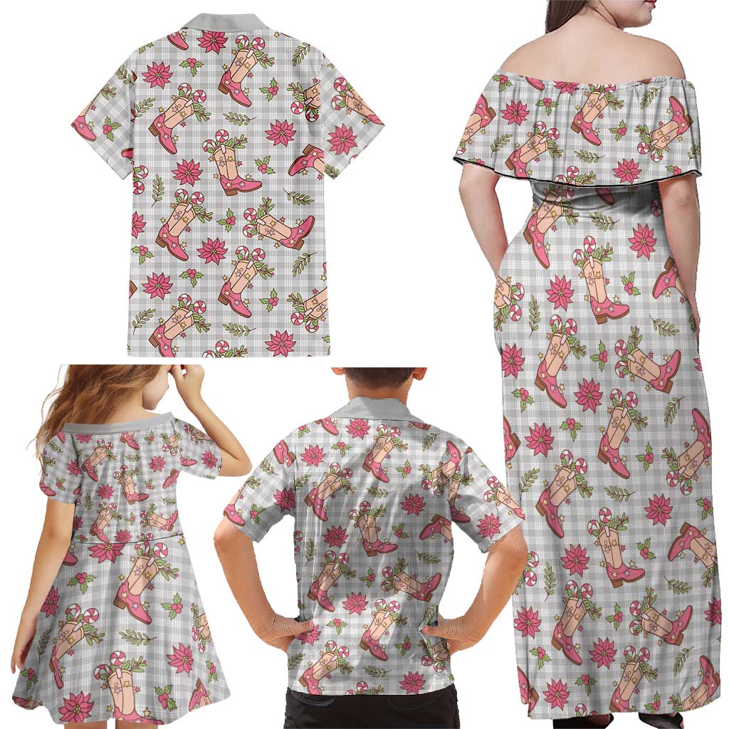 Gray Paniolo Palaka Hawaiian Cowgirl Christmas Family Matching Off Shoulder Maxi Dress and Hawaiian Shirt LT9 - Polynesian Pride