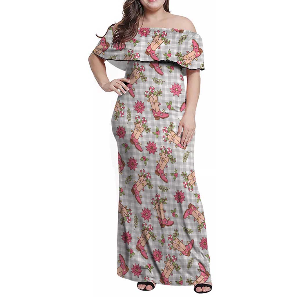 Gray Paniolo Palaka Hawaiian Cowgirl Christmas Family Matching Off Shoulder Maxi Dress and Hawaiian Shirt LT9 Mom's Dress Gray - Polynesian Pride