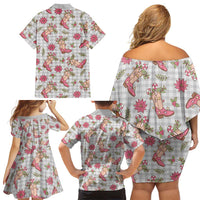 Gray Paniolo Palaka Hawaiian Cowgirl Christmas Family Matching Off Shoulder Short Dress and Hawaiian Shirt LT9 - Polynesian Pride