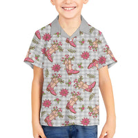Gray Paniolo Palaka Hawaiian Cowgirl Christmas Family Matching Off Shoulder Short Dress and Hawaiian Shirt LT9 Son's Shirt Gray - Polynesian Pride
