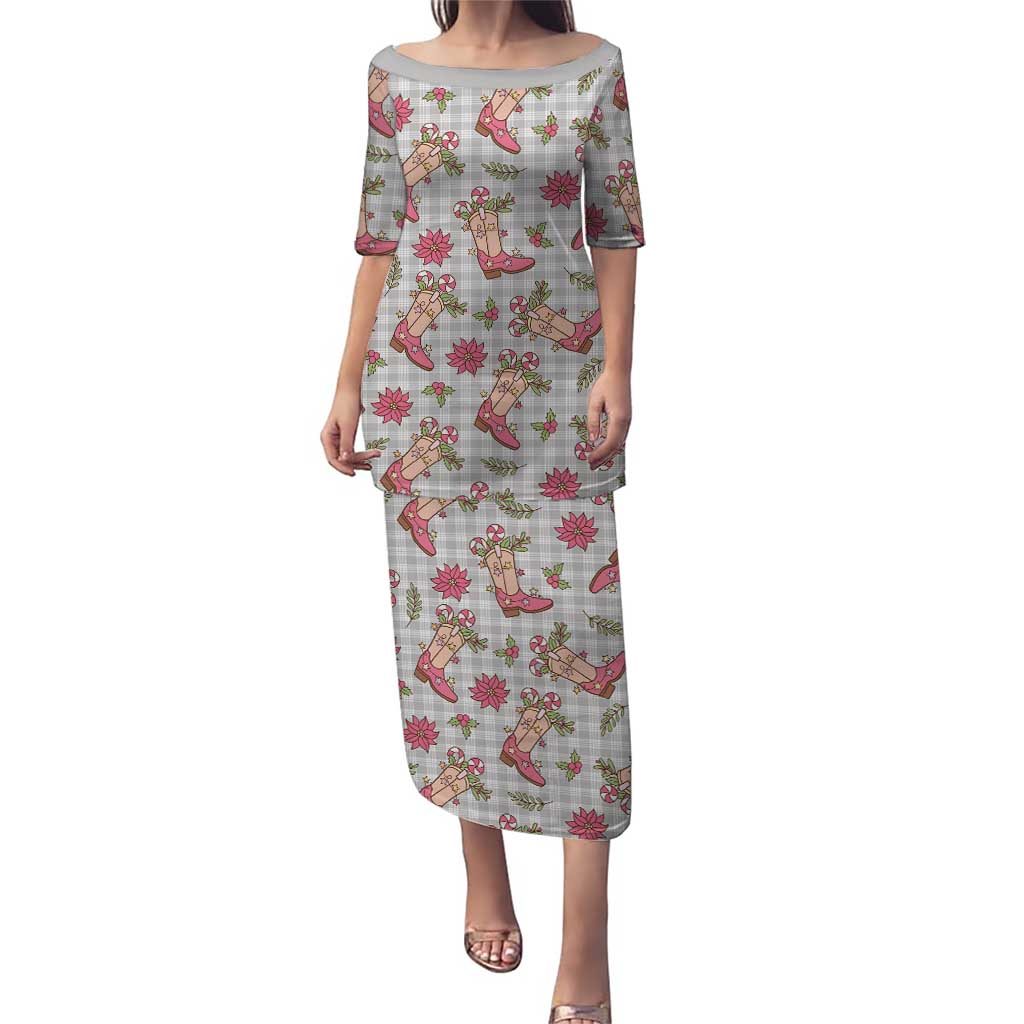 Gray Paniolo Palaka Hawaiian Cowgirl Christmas Family Matching Puletasi and Hawaiian Shirt LT9 Mom's Dress Gray - Polynesian Pride