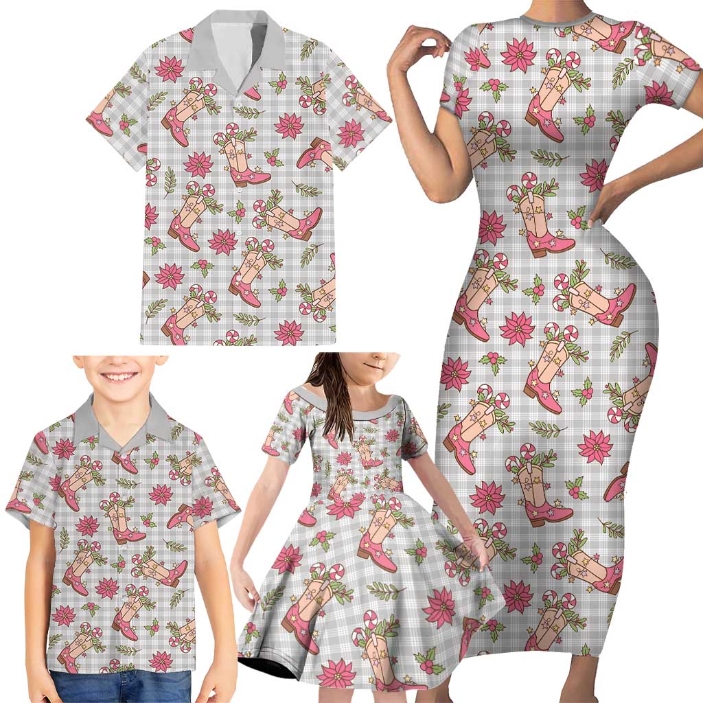 Gray Paniolo Palaka Hawaiian Cowgirl Christmas Family Matching Short Sleeve Bodycon Dress and Hawaiian Shirt LT9 - Polynesian Pride