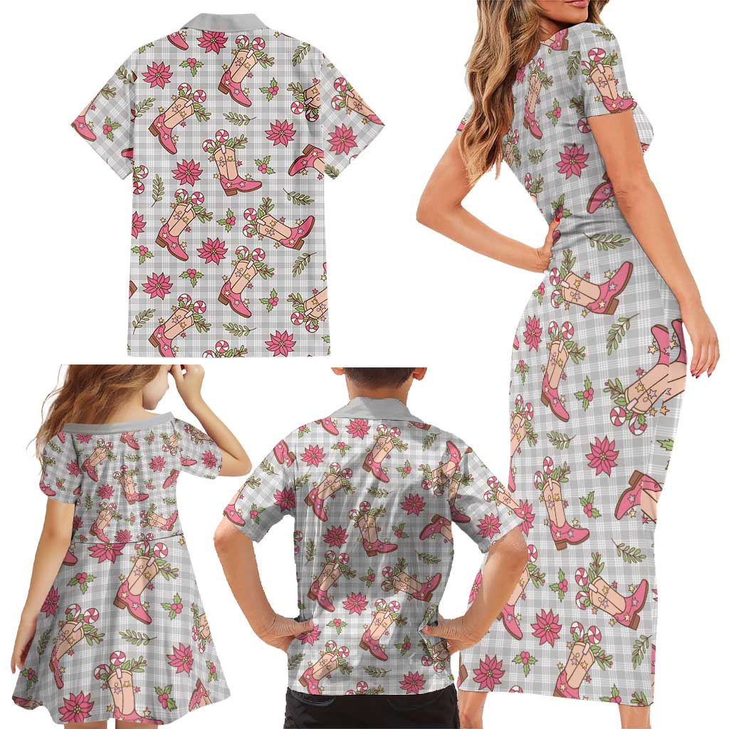 Gray Paniolo Palaka Hawaiian Cowgirl Christmas Family Matching Short Sleeve Bodycon Dress and Hawaiian Shirt LT9 - Polynesian Pride