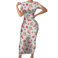 Gray Paniolo Palaka Hawaiian Cowgirl Christmas Family Matching Short Sleeve Bodycon Dress and Hawaiian Shirt LT9 Mom's Dress Gray - Polynesian Pride