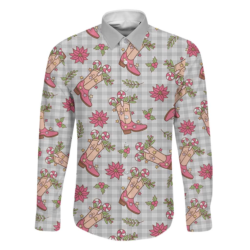 Gray Paniolo Palaka Hawaiian Cowgirl Christmas Family Matching Summer Maxi Dress and Hawaiian Shirt LT9 Dad's Shirt - Long Sleeve Gray - Polynesian Pride