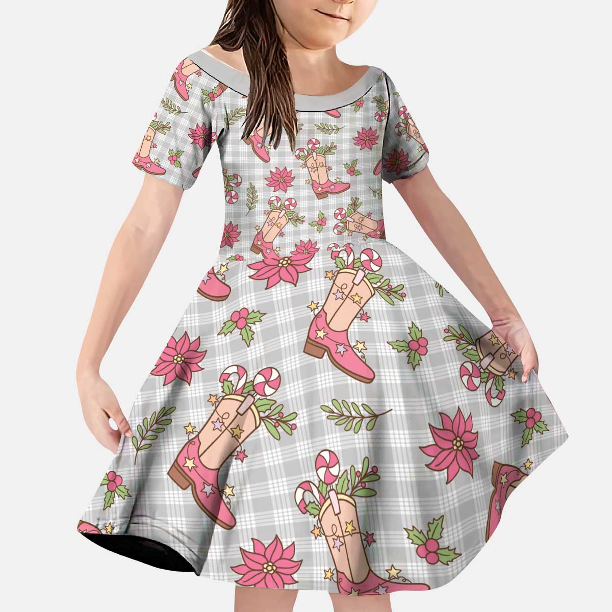 Gray Paniolo Palaka Hawaiian Cowgirl Christmas Kid Short Sleeve Dress - Polynesian Pride