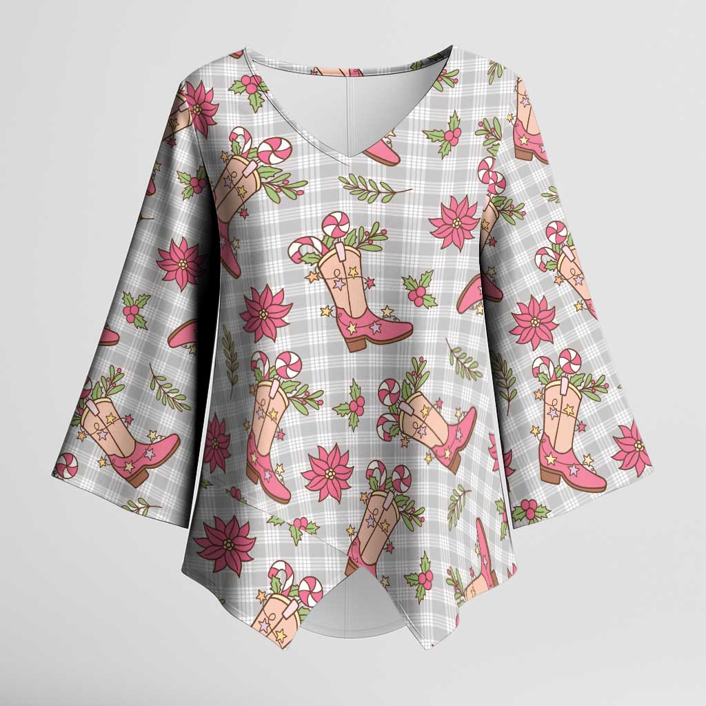 Gray Paniolo Palaka Hawaiian Cowgirl Christmas Kimono Sleeve Blouse - Polynesian Pride