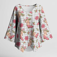Gray Paniolo Palaka Hawaiian Cowgirl Christmas Kimono Sleeve Blouse - Polynesian Pride