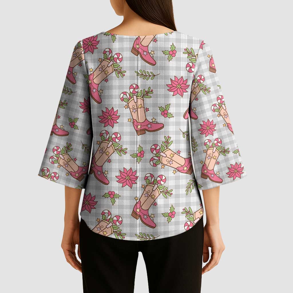 Gray Paniolo Palaka Hawaiian Cowgirl Christmas Kimono Sleeve Blouse - Polynesian Pride
