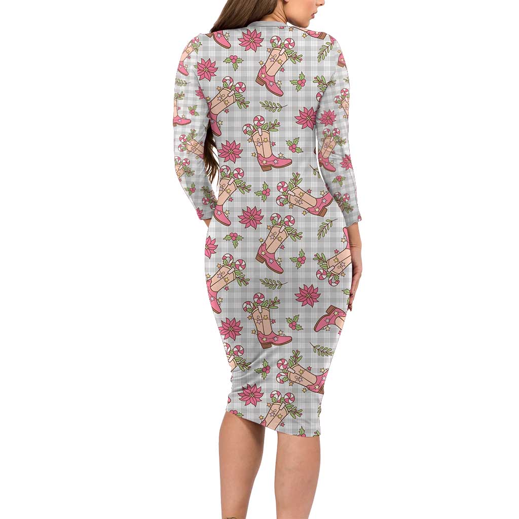 Gray Paniolo Palaka Hawaiian Cowgirl Christmas Long Sleeve Bodycon Dress LT9 - Polynesian Pride