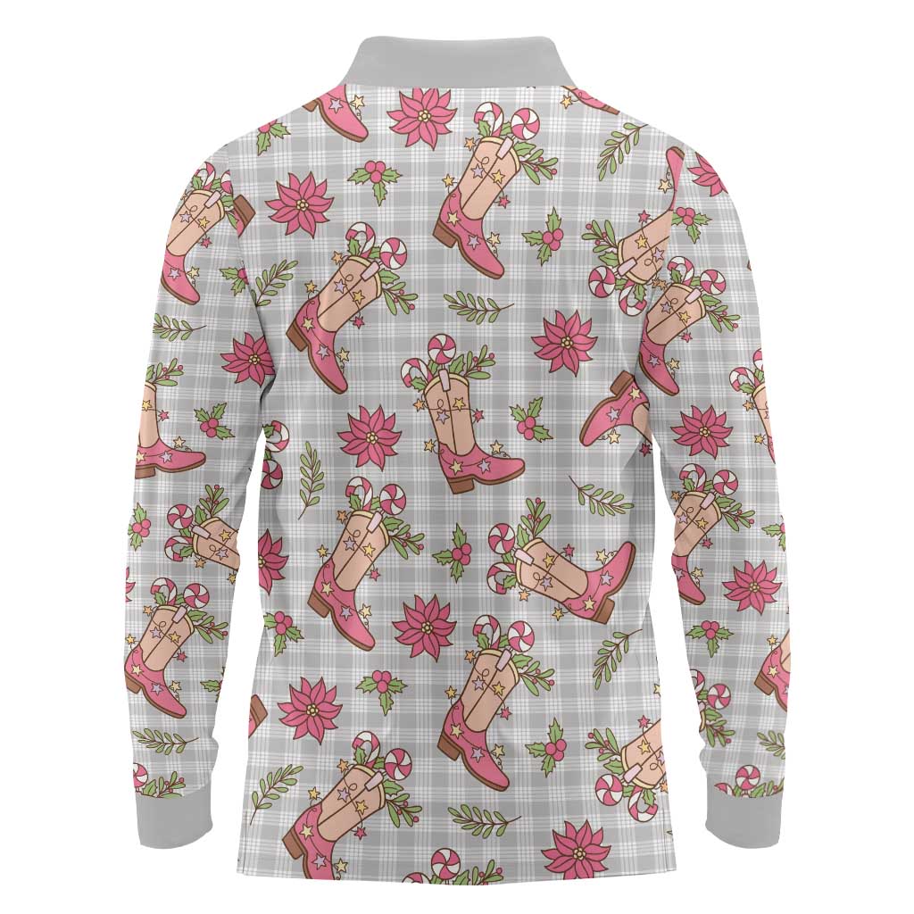 Gray Paniolo Palaka Hawaiian Cowgirl Christmas Long Sleeve Polo Shirt LT9 - Polynesian Pride