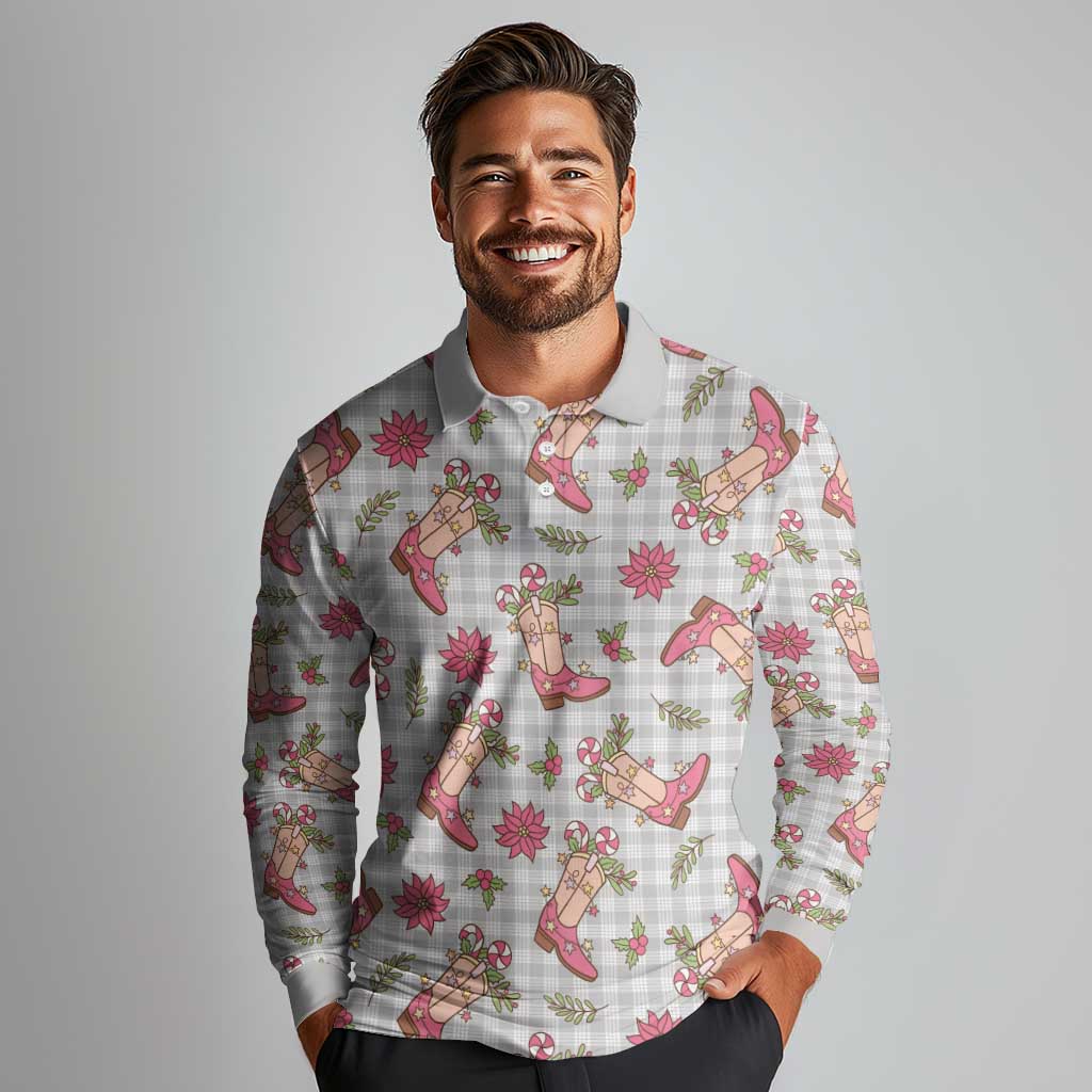 Gray Paniolo Palaka Hawaiian Cowgirl Christmas Long Sleeve Polo Shirt LT9 - Polynesian Pride
