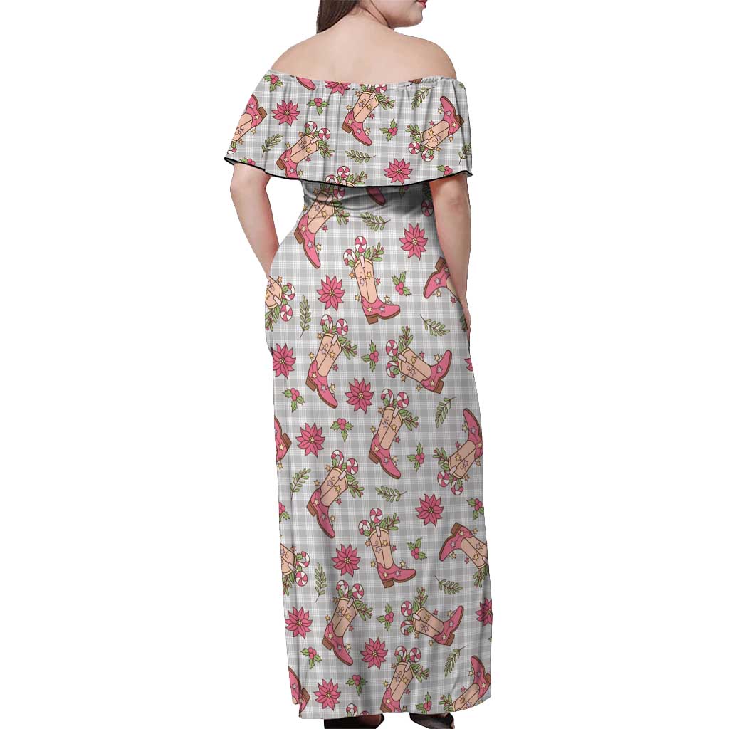 Gray Paniolo Palaka Hawaiian Cowgirl Christmas Off Shoulder Maxi Dress LT9 - Polynesian Pride