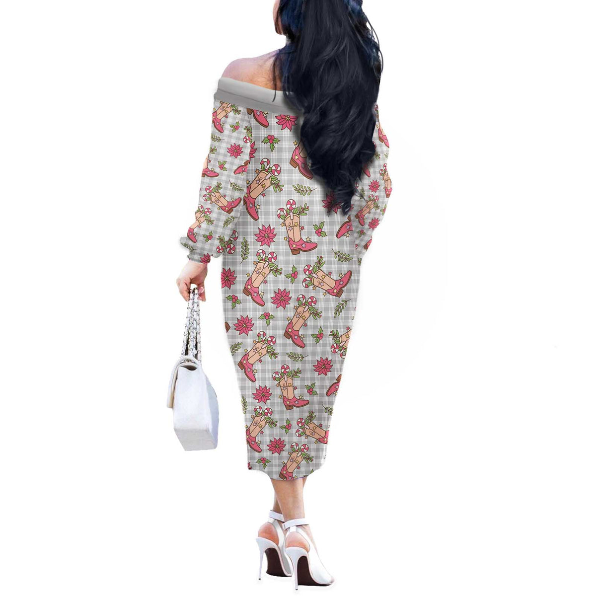 Gray Paniolo Palaka Hawaiian Cowgirl Christmas Off The Shoulder Long Sleeve Dress LT9 - Polynesian Pride