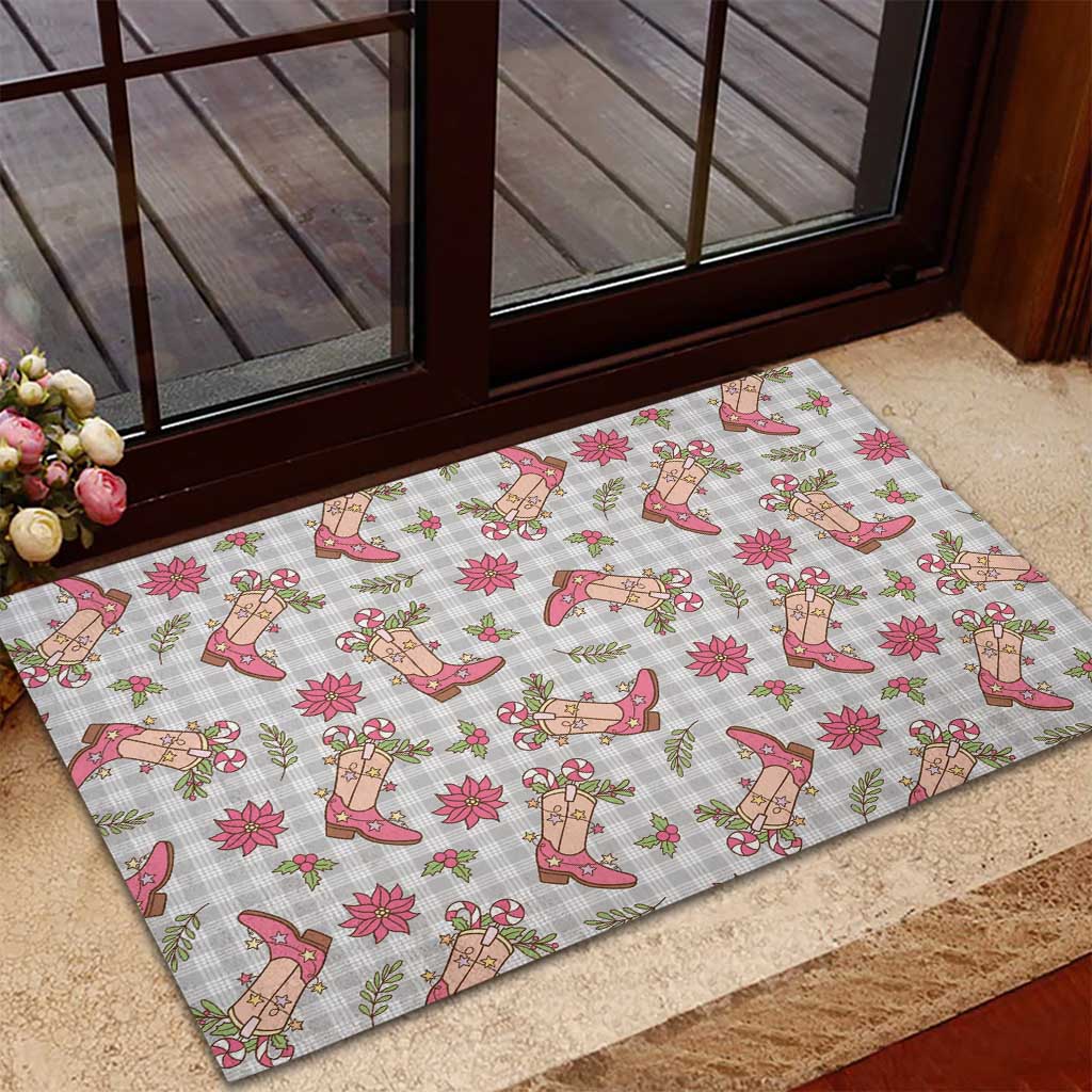 Gray Paniolo Palaka Hawaiian Cowgirl Christmas Rubber Doormat - Polynesian Pride