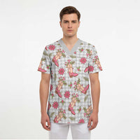 Gray Paniolo Palaka Hawaiian Cowgirl Christmas Scrub Top - Polynesian Pride