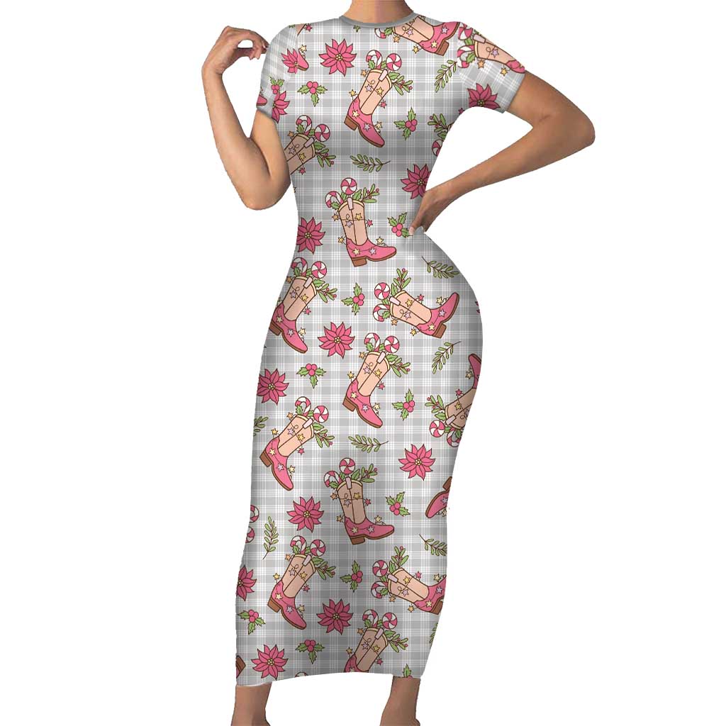 Gray Paniolo Palaka Hawaiian Cowgirl Christmas Short Sleeve Bodycon Dress LT9 Long Dress Gray - Polynesian Pride