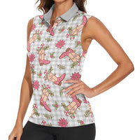Gray Paniolo Palaka Hawaiian Cowgirl Christmas Women Sleeveless Polo Shirt LT9 - Polynesian Pride