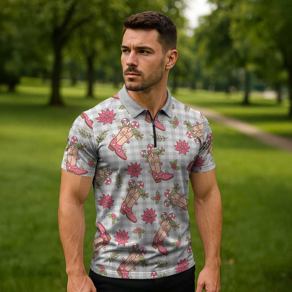 Gray Paniolo Palaka Hawaiian Cowgirl Christmas Zipper Polo Shirt LT9 - Polynesian Pride