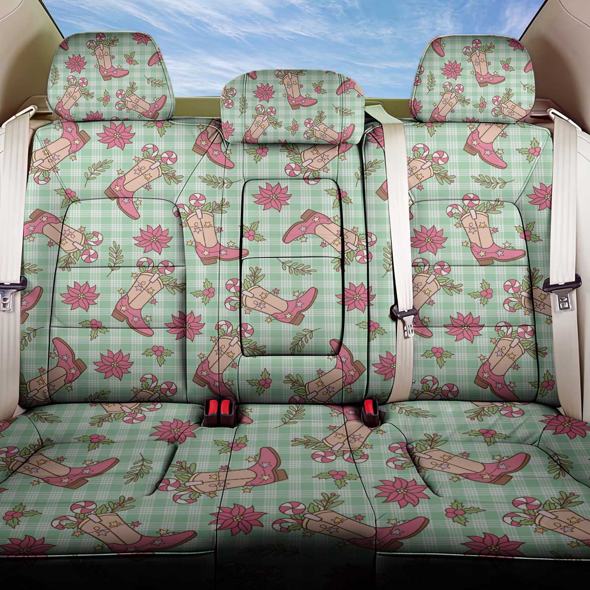 Green Paniolo Palaka Hawaiian Cowgirl Christmas Back Car Seat Cover LT9 One Size Green - Polynesian Pride