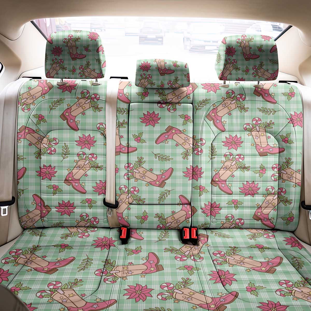 Green Paniolo Palaka Hawaiian Cowgirl Christmas Back Car Seat Cover LT9 - Polynesian Pride