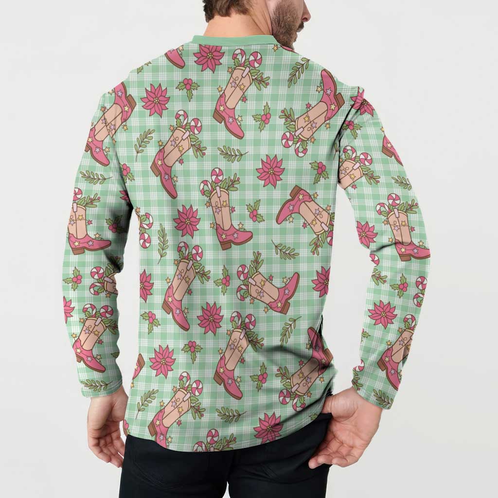 Green Paniolo Palaka Hawaiian Cowgirl Christmas Button Sweatshirt - Polynesian Pride