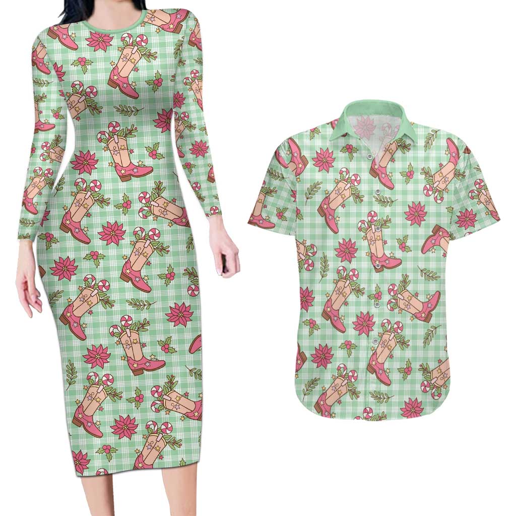 Green Paniolo Palaka Hawaiian Cowgirl Christmas Couples Matching Long Sleeve Bodycon Dress and Hawaiian Shirt - Polynesian Pride