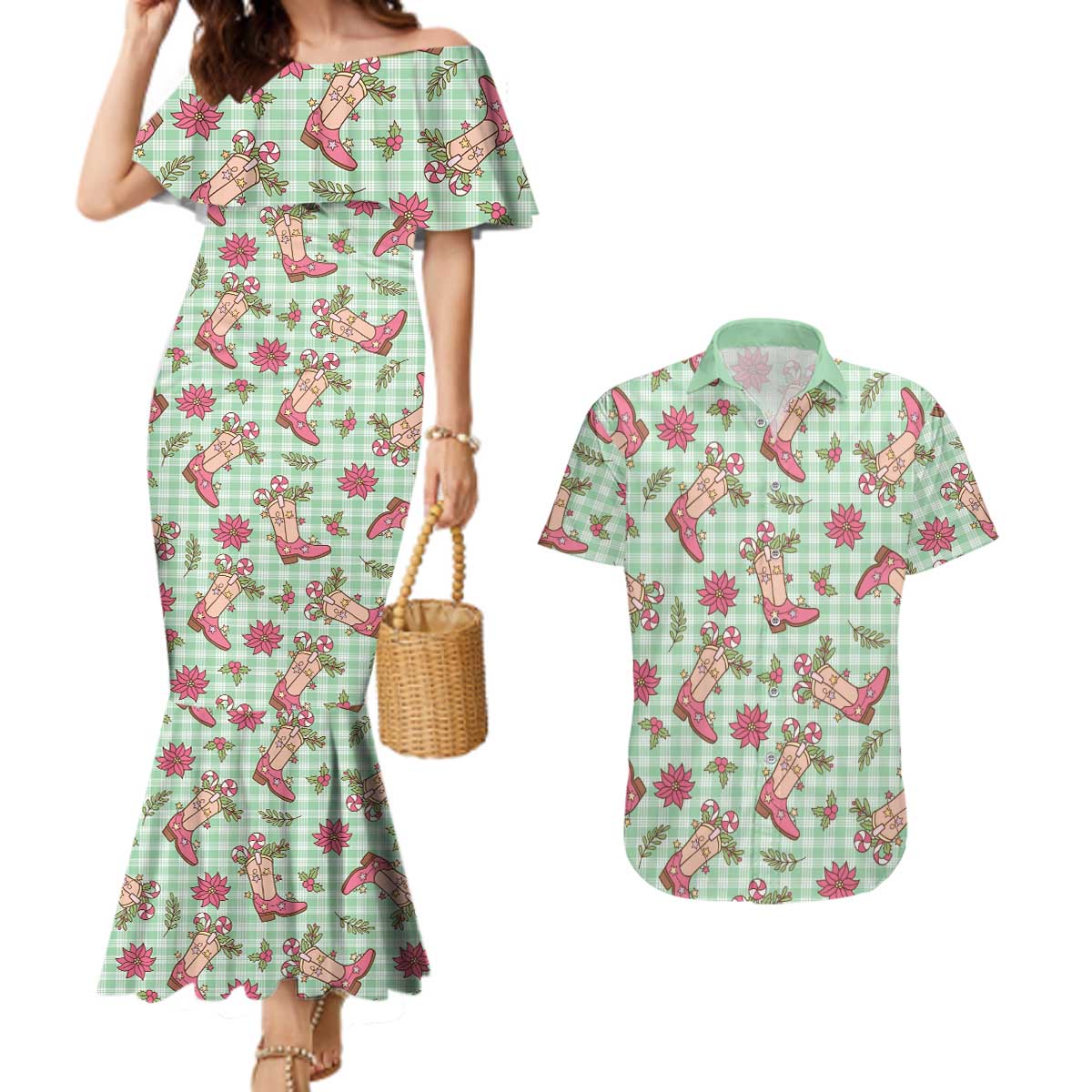 Green Paniolo Palaka Hawaiian Cowgirl Christmas Couples Matching Mermaid Dress and Hawaiian Shirt LT9 Green - Polynesian Pride