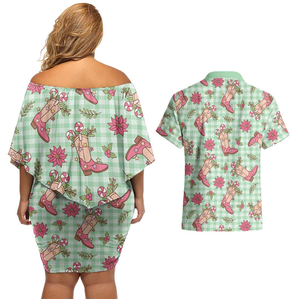 Green Paniolo Palaka Hawaiian Cowgirl Christmas Couples Matching Off Shoulder Short Dress and Hawaiian Shirt LT9 - Polynesian Pride