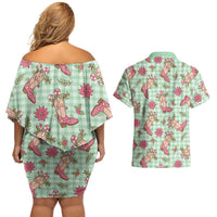 Green Paniolo Palaka Hawaiian Cowgirl Christmas Couples Matching Off Shoulder Short Dress and Hawaiian Shirt LT9 - Polynesian Pride