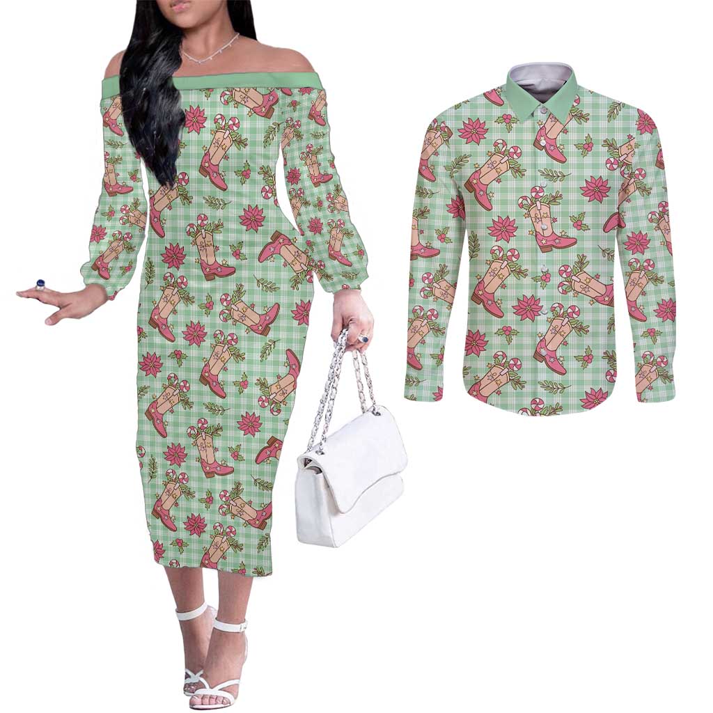 Green Paniolo Palaka Hawaiian Cowgirl Christmas Couples Matching Off The Shoulder Long Sleeve Dress and Long Sleeve Button Shirt LT9 Green - Polynesian Pride