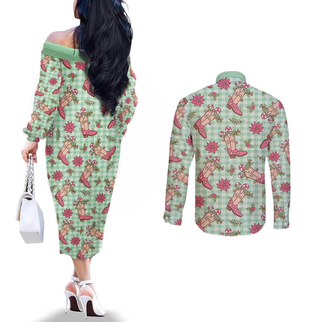 Green Paniolo Palaka Hawaiian Cowgirl Christmas Couples Matching Off The Shoulder Long Sleeve Dress and Long Sleeve Button Shirt LT9 - Polynesian Pride