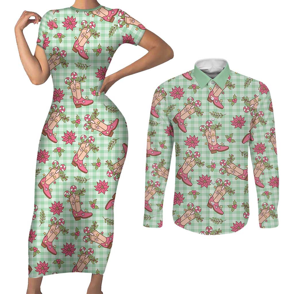 Green Paniolo Palaka Hawaiian Cowgirl Christmas Couples Matching Short Sleeve Bodycon Dress and Long Sleeve Button Shirt LT9 Green - Polynesian Pride