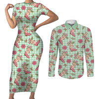 Green Paniolo Palaka Hawaiian Cowgirl Christmas Couples Matching Short Sleeve Bodycon Dress and Long Sleeve Button Shirt LT9 Green - Polynesian Pride