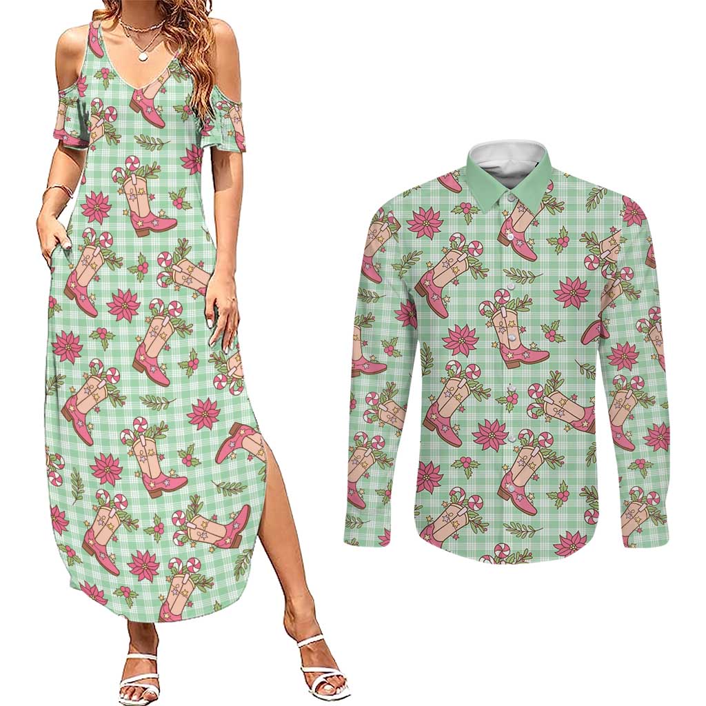 Green Paniolo Palaka Hawaiian Cowgirl Christmas Couples Matching Summer Maxi Dress and Long Sleeve Button Shirt - Polynesian Pride
