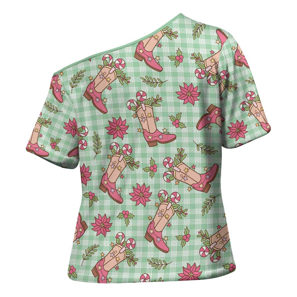 Green Paniolo Palaka Hawaiian Cowgirl Christmas Cross Shoulder Shirt LT9 - Polynesian Pride