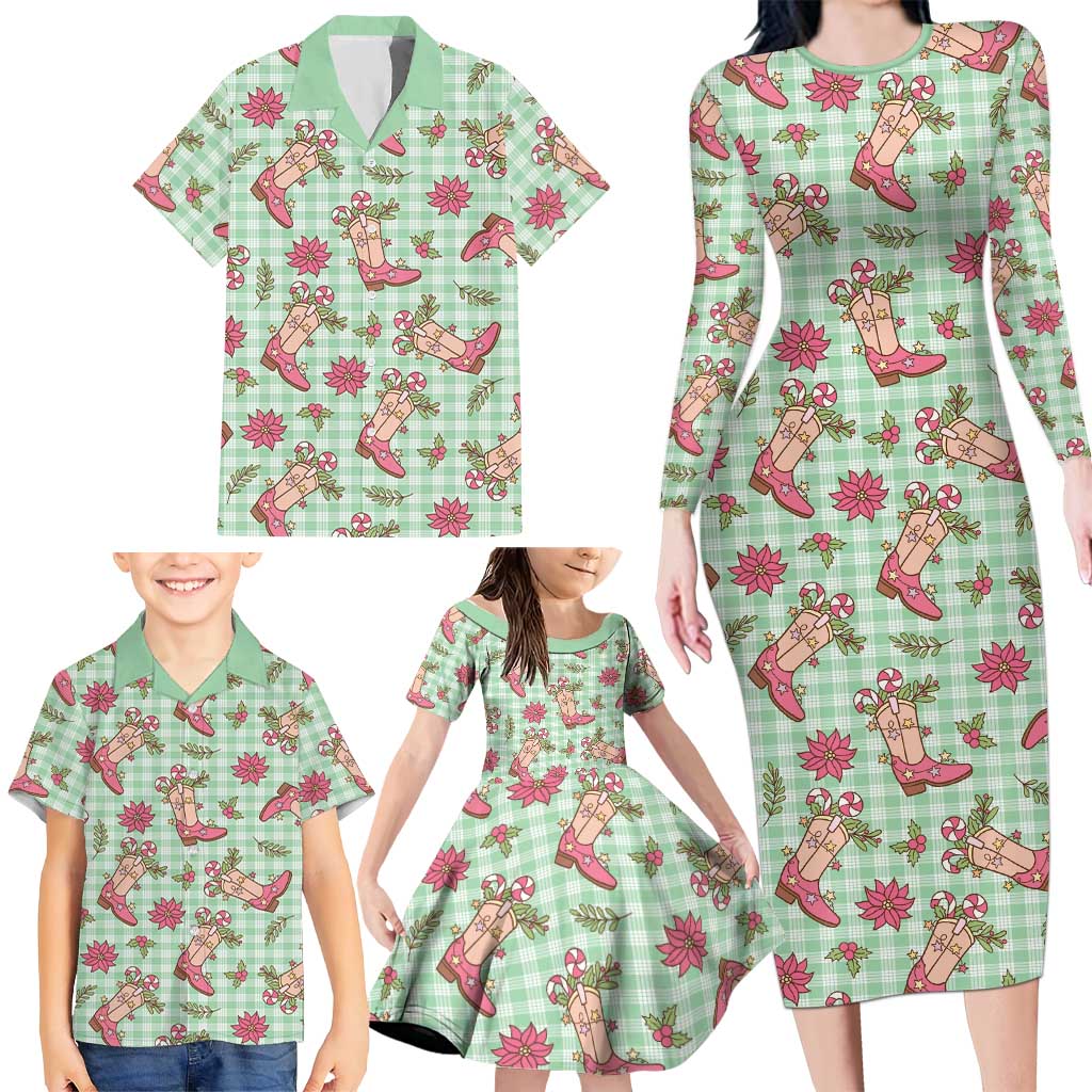 Green Paniolo Palaka Hawaiian Cowgirl Christmas Family Matching Long Sleeve Bodycon Dress and Hawaiian Shirt LT9 - Polynesian Pride
