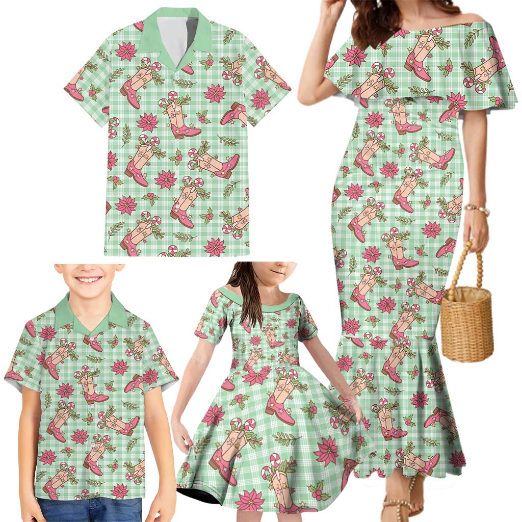Green Paniolo Palaka Hawaiian Cowgirl Christmas Family Matching Mermaid Dress and Hawaiian Shirt LT9 - Polynesian Pride