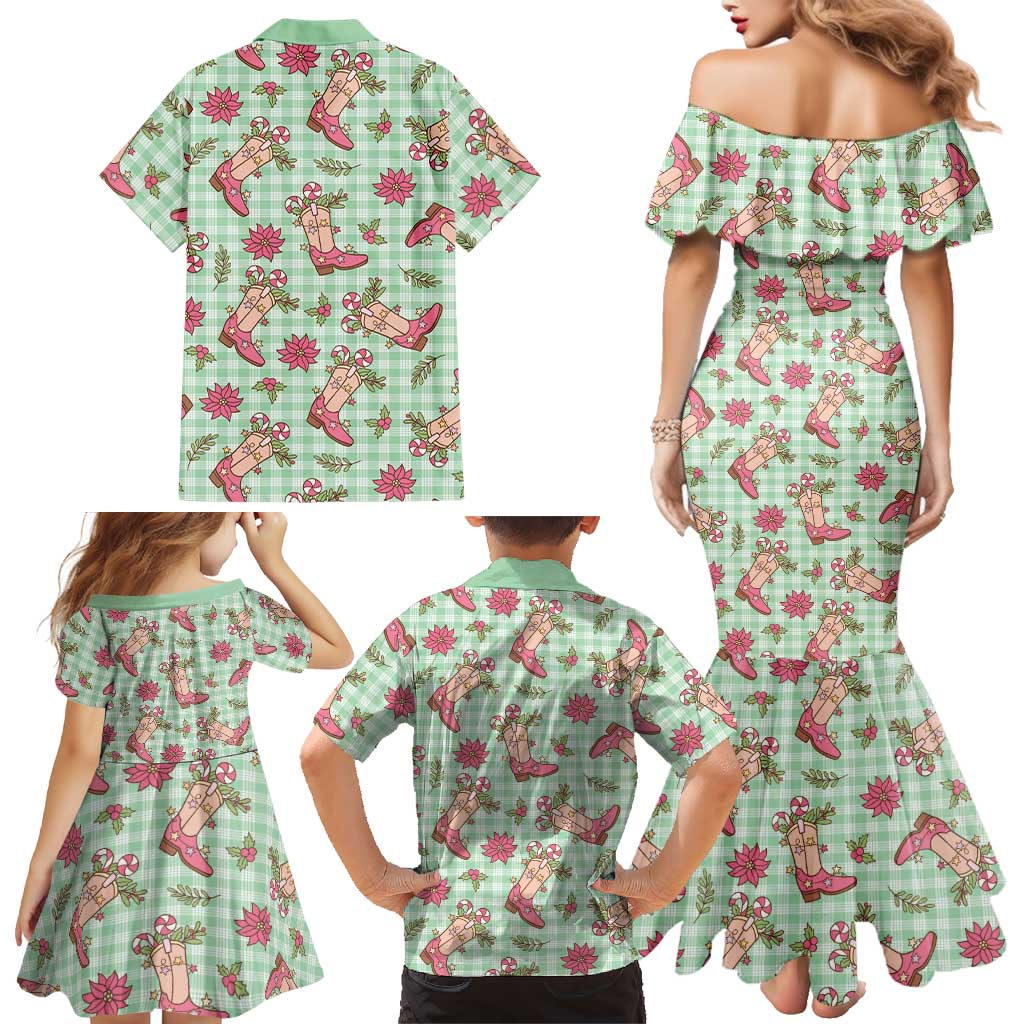 Green Paniolo Palaka Hawaiian Cowgirl Christmas Family Matching Mermaid Dress and Hawaiian Shirt LT9 - Polynesian Pride
