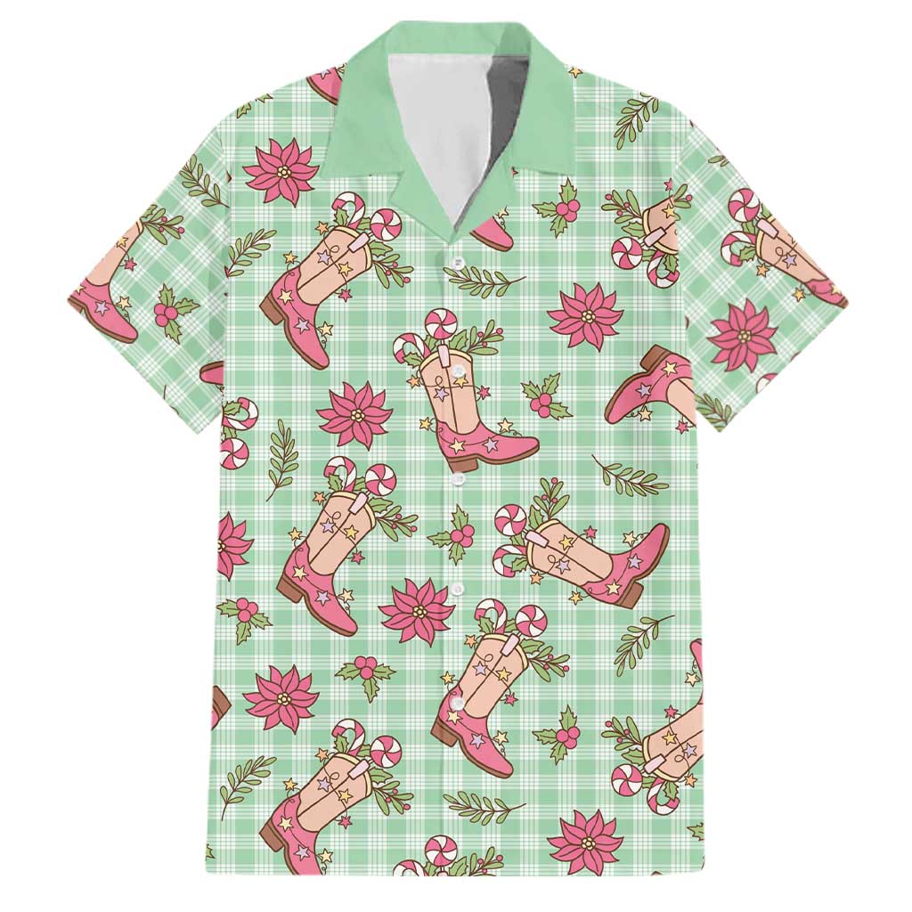 Green Paniolo Palaka Hawaiian Cowgirl Christmas Family Matching Off The Shoulder Long Sleeve Dress and Hawaiian Shirt LT9 Dad's Shirt - Short Sleeve Green - Polynesian Pride