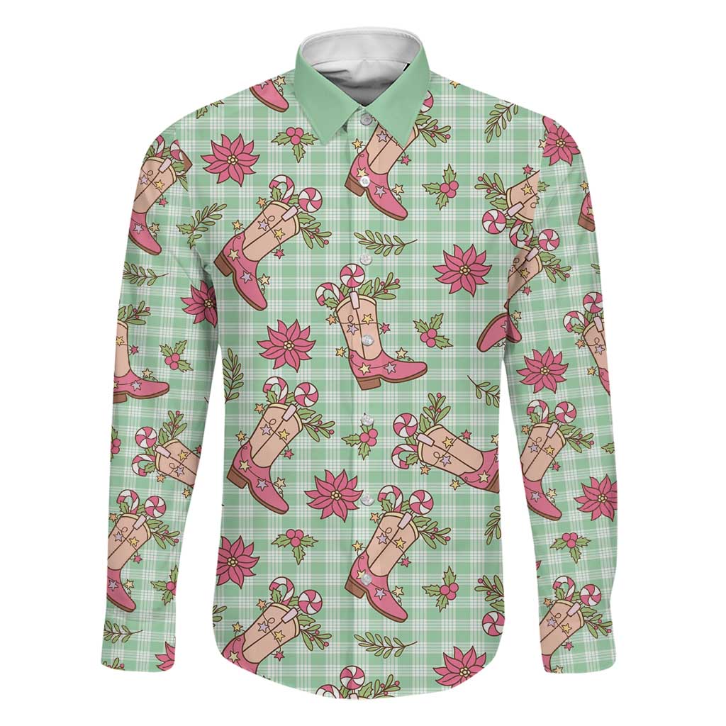 Green Paniolo Palaka Hawaiian Cowgirl Christmas Family Matching Off The Shoulder Long Sleeve Dress and Hawaiian Shirt LT9 Dad's Shirt - Long Sleeve Green - Polynesian Pride