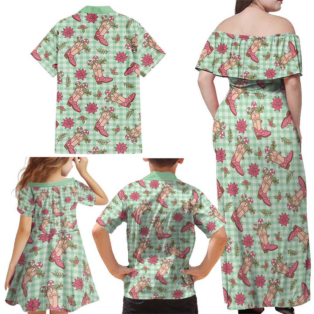 Green Paniolo Palaka Hawaiian Cowgirl Christmas Family Matching Off Shoulder Maxi Dress and Hawaiian Shirt LT9 - Polynesian Pride