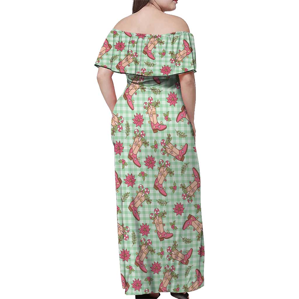 Green Paniolo Palaka Hawaiian Cowgirl Christmas Family Matching Off Shoulder Maxi Dress and Hawaiian Shirt LT9 - Polynesian Pride