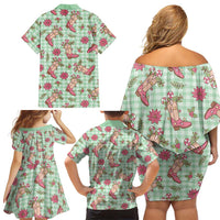 Green Paniolo Palaka Hawaiian Cowgirl Christmas Family Matching Off Shoulder Short Dress and Hawaiian Shirt LT9 - Polynesian Pride
