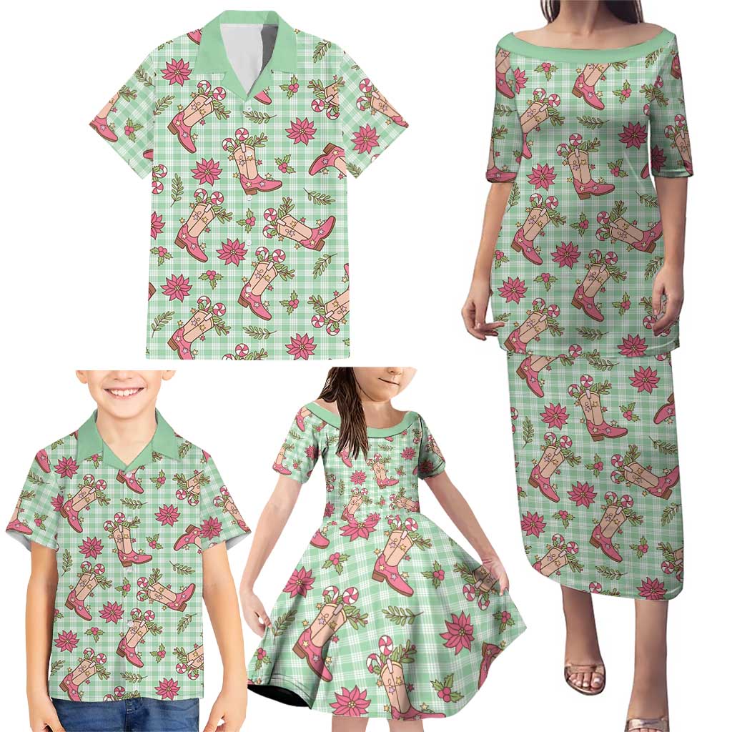 Green Paniolo Palaka Hawaiian Cowgirl Christmas Family Matching Puletasi and Hawaiian Shirt - Polynesian Pride