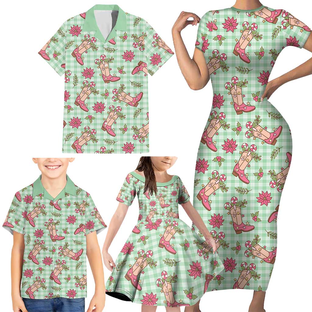 Green Paniolo Palaka Hawaiian Cowgirl Christmas Family Matching Short Sleeve Bodycon Dress and Hawaiian Shirt LT9 - Polynesian Pride