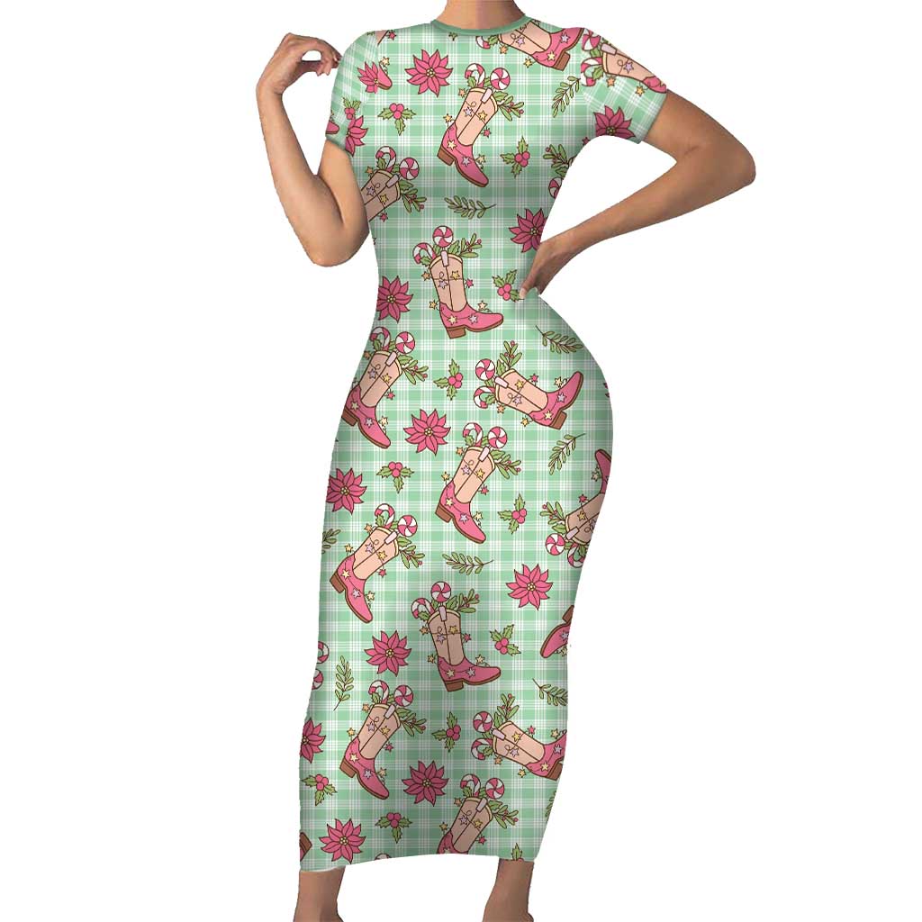 Green Paniolo Palaka Hawaiian Cowgirl Christmas Family Matching Short Sleeve Bodycon Dress and Hawaiian Shirt LT9 Mom's Dress Green - Polynesian Pride