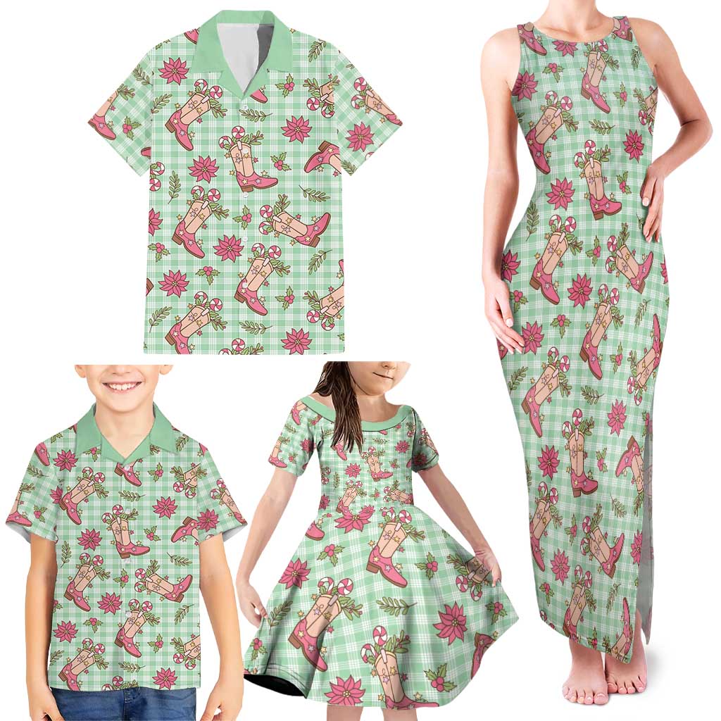 Green Paniolo Palaka Hawaiian Cowgirl Christmas Family Matching Tank Maxi Dress and Hawaiian Shirt - Polynesian Pride