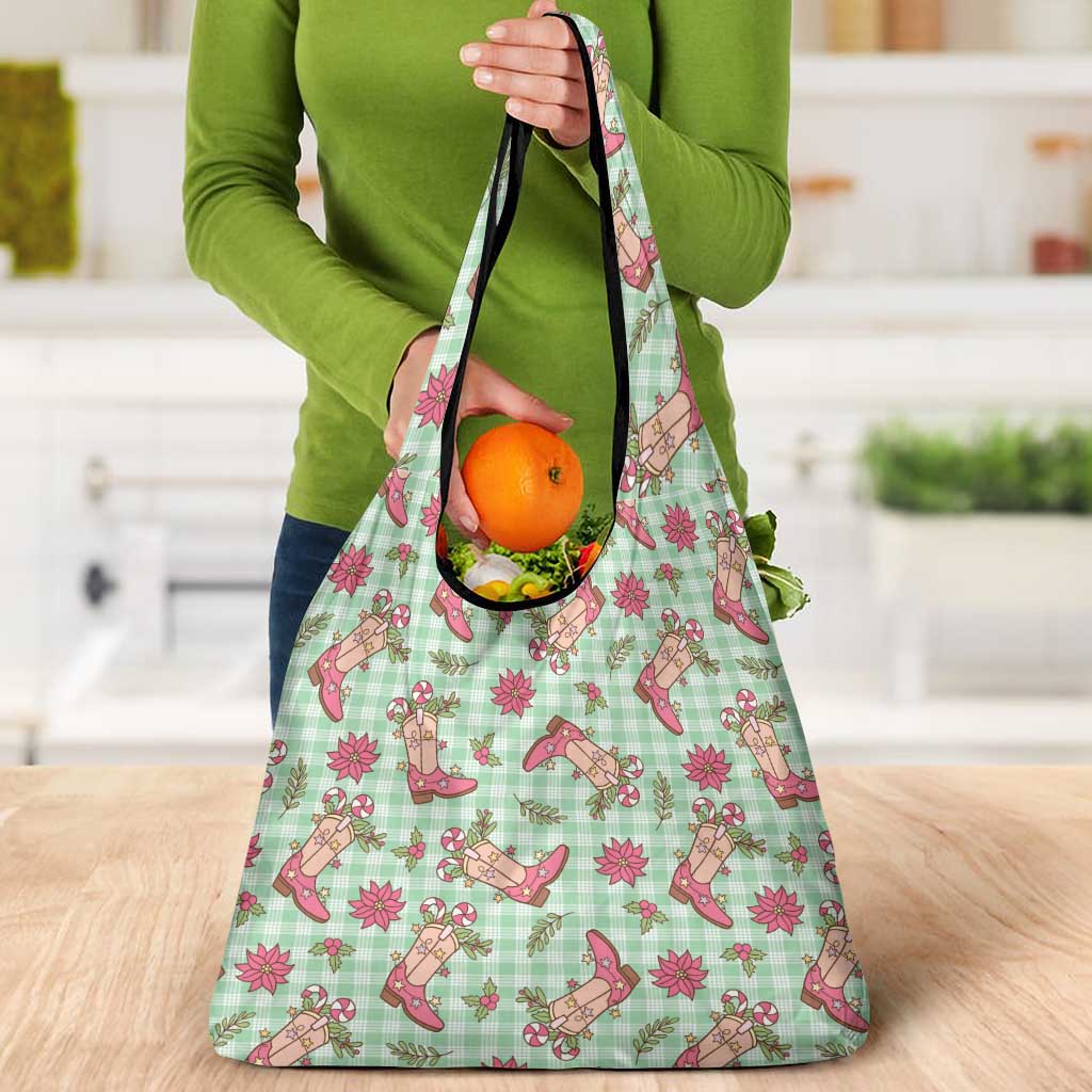 Green Paniolo Palaka Hawaiian Cowgirl Christmas Grocery Bag - Polynesian Pride