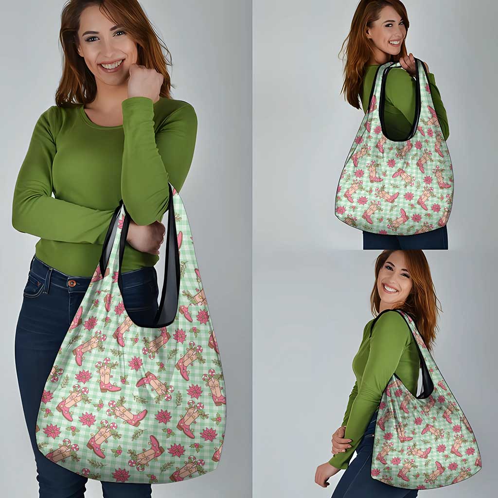 Green Paniolo Palaka Hawaiian Cowgirl Christmas Grocery Bag - Polynesian Pride